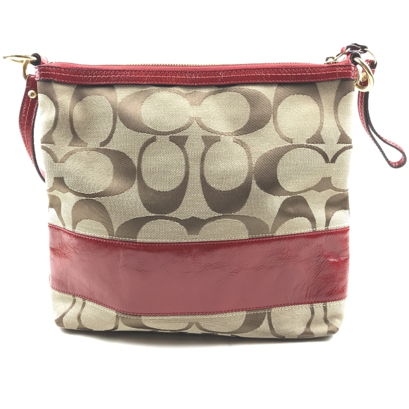 Coach Handbag Red Leather & Tan Canvas - Picture 2 of 5
